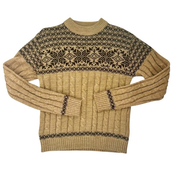 VTG Christopher Rand Fair Isle Cable Knit Sweater Tan Brown Snowflake Unisex S/M - Picture 2 of 7